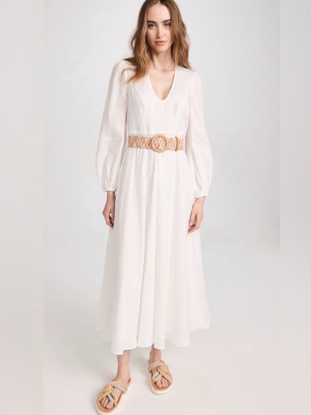 Zimmermann Women's Cira Plunge Linen Long Belted Dress - White - 0 or US 4